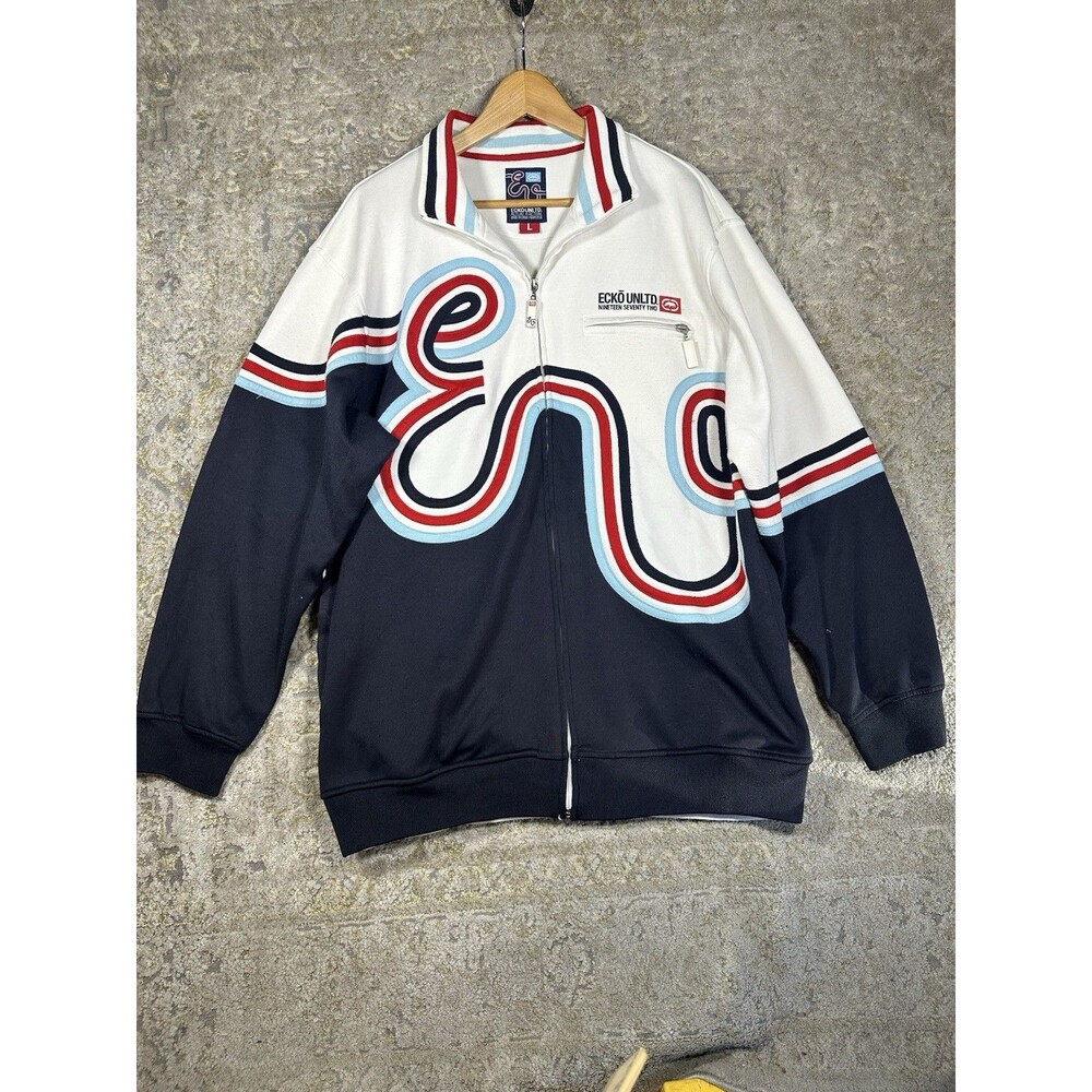 Vintage Ecko Unltd Actual Factual Track Jacket Y2K Hip Hop White Navy Large